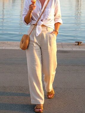 L.L. Bean Women's 100% Linen Pants in Natural Beige